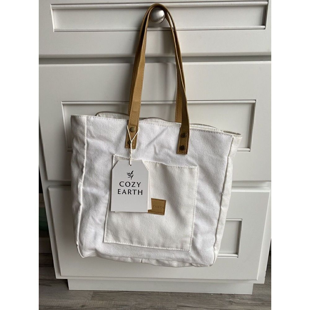 Cozy Earth Tote Storage Bag White Canvas Handbag Shoulder Strap Case